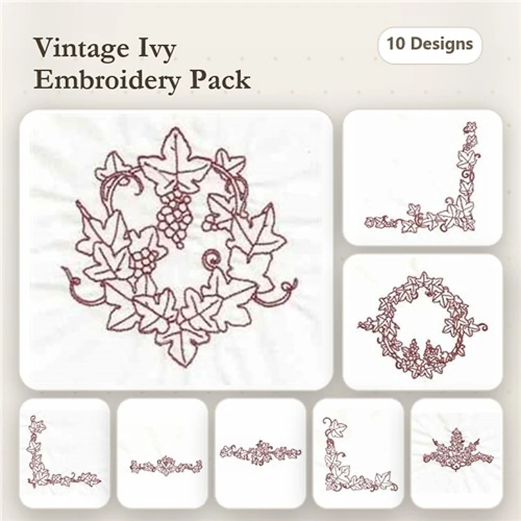 Redwork Ivy Embroidery Designs Bundle – Ivy Wreath, Ivy Border, Grapes with Ivy & More (10 Designs)