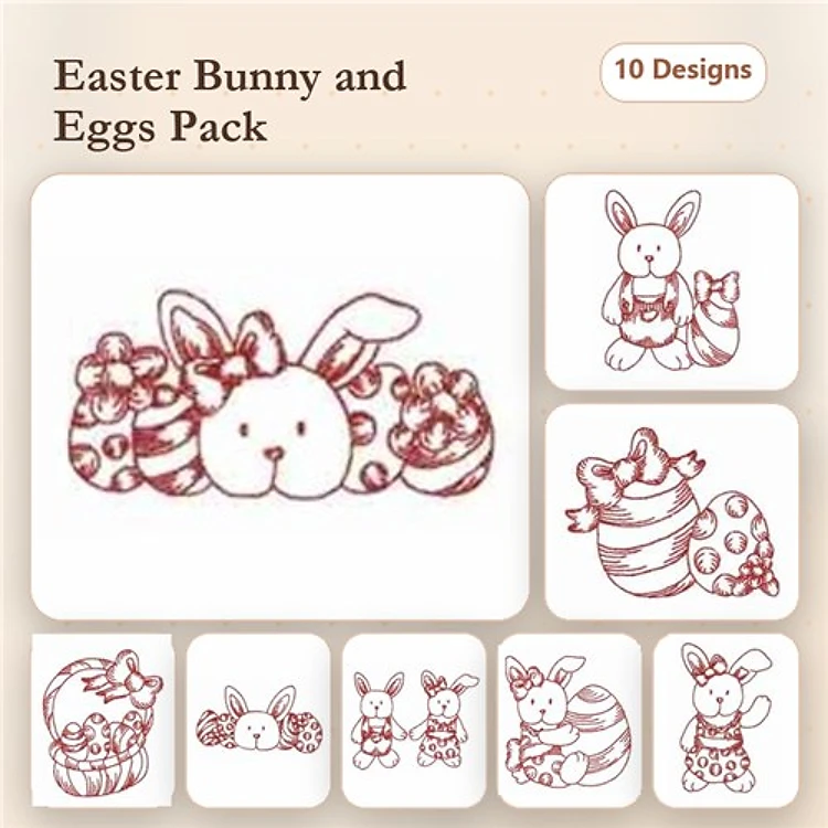 Redwork Easter Bunny & Eggs Embroidery Designs Bundle – Bunny with Basket of Eggs, Decorated Easter Egg & More (10 Designs)