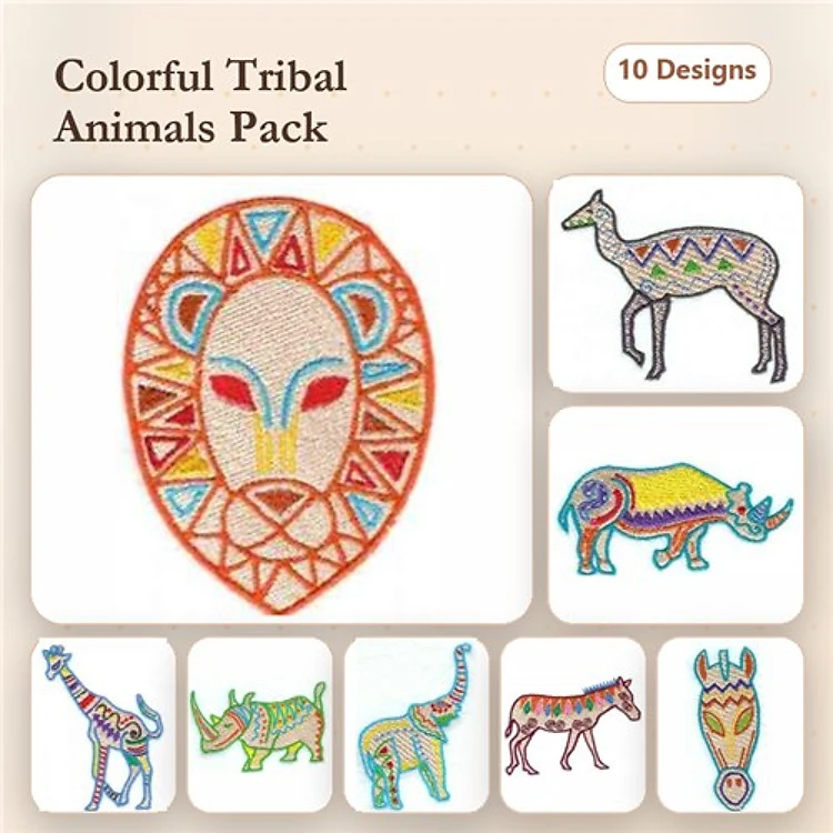 Colorful Tribal Animal Embroidery Designs Bundle – Lion Mask, Tribal Gazelle, Tribal Elephant & More (10 Designs)