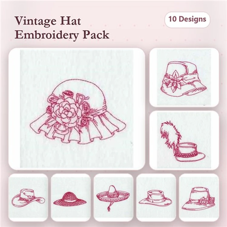 Redwork Vintage Hats Embroidery Designs Bundle – Floral Cloche Hat, Wide Brim Hat, Western Hat & More (10 Designs)