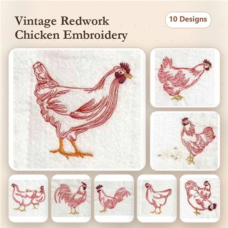 Redwork Vintage Chicken Embroidery Designs Bundle – Chicken, Hen, Rooster & More (10 Designs)