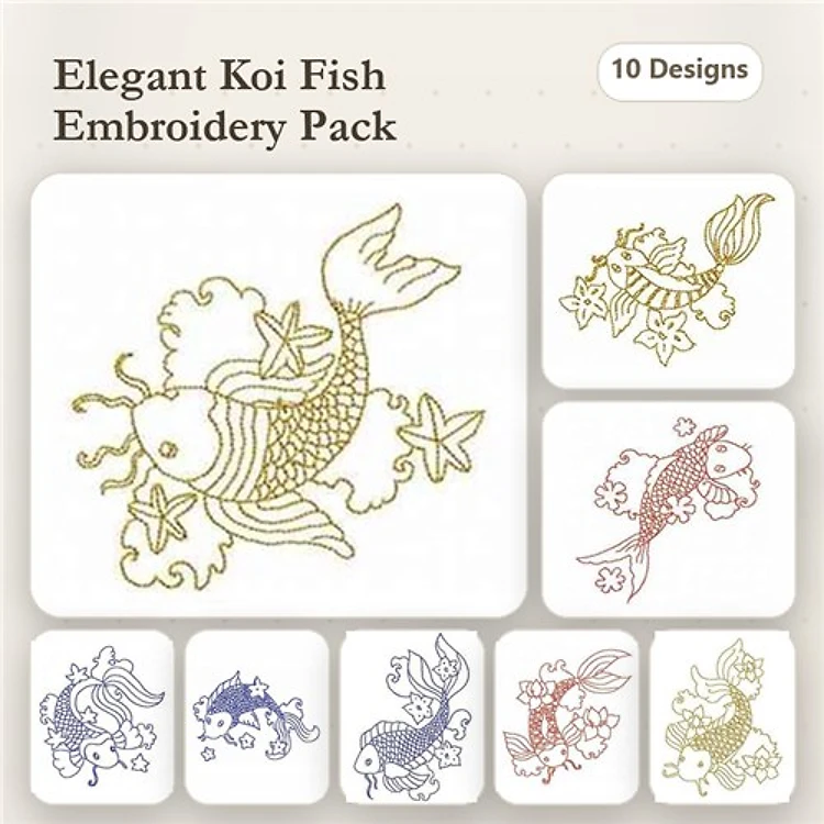 Redwork Koi Fish Embroidery Bundle – Koi Fish with Stars, Swimming Koi Fish, Koi with Lilies & More (10 Designs)