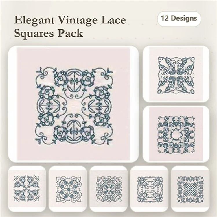 FSL Elegant Vintage Lace Squares Embroidery Designs Bundle – Vintage Lace Square 1, Vintage Lace Square 2 & More (12 Designs)