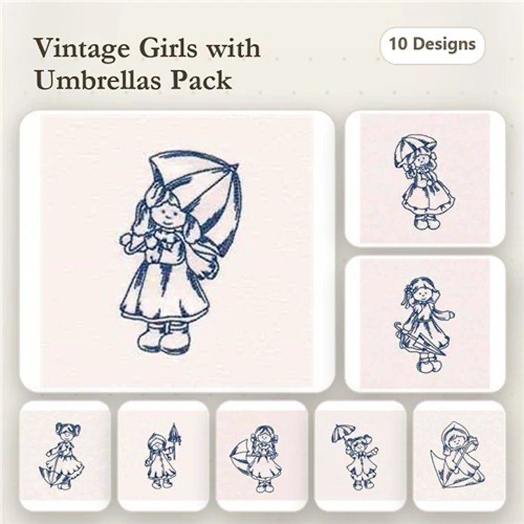 Redwork Vintage Girl with Umbrella Embroidery Designs Bundle – Girl with Umbrella 1, Girl with Umbrella 2, & More (10 Designs)