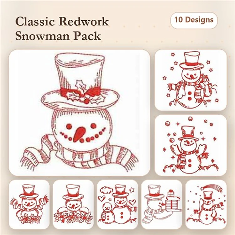 Redwork Snowman Embroidery Designs Bundle – Top Hat, Scarf, Pine Tree & More (10 Designs)
