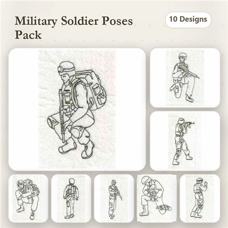 Redwork Military Soldier Embroidery Designs Bundle – Soldier Marching, Kneeling, Aiming & More (10 Designs)