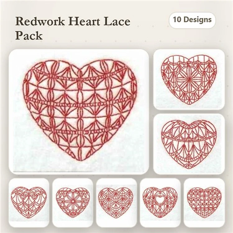 Redwork Heart Lace Embroidery Designs Bundle – Intricate Lace Patterns for Valentine's Day (10 Designs)