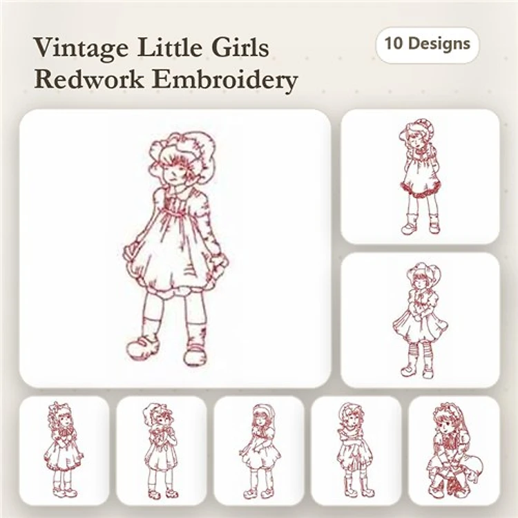 Redwork Vintage Little Girls Embroidery Designs Bundle – Girl with Dress and Bow, Girl with Pigtails, & More (10 Designs)