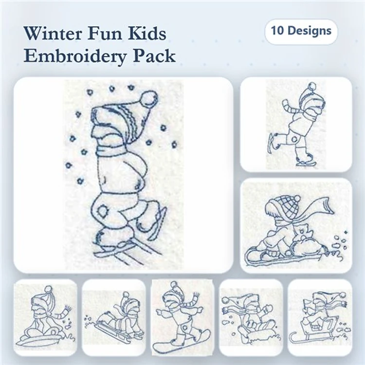 Redwork Winter Fun Activities Embroidery Designs Bundle – Ice Skating, Sledding, Building Snowman & More (10 Designs)