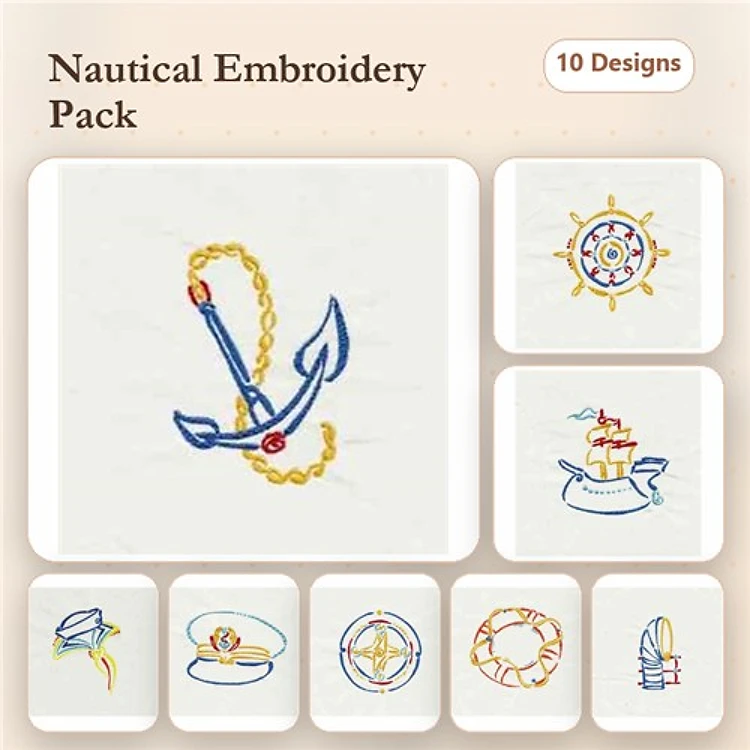 Nautical Embroidery Designs Bundle – Anchor, Steering Wheel, Sailboat & More (10 Designs)