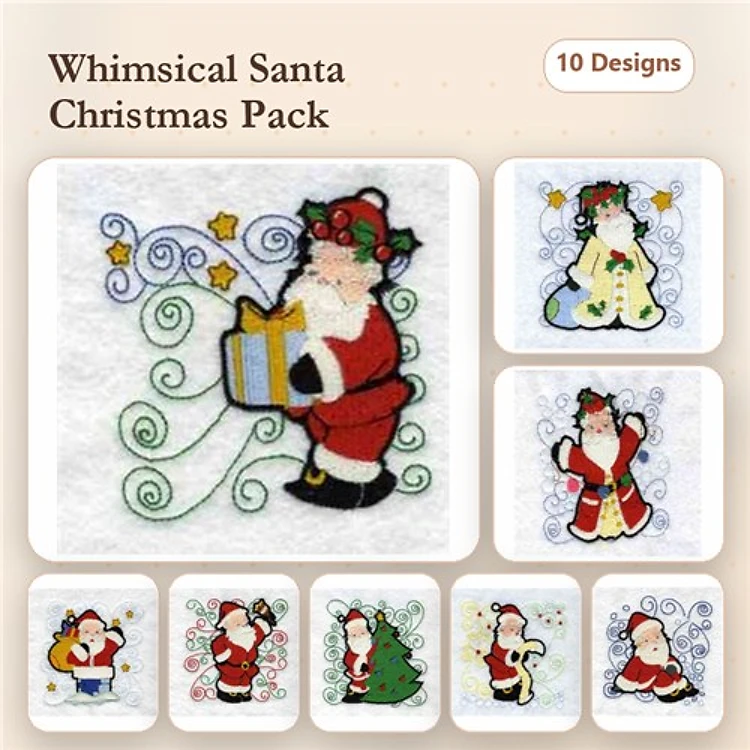 Christmas Santa Claus Embroidery Designs Bundle – Santa with Gift, Santa with Snowflakes, Santa with Candy Cane & More (10 Designs)