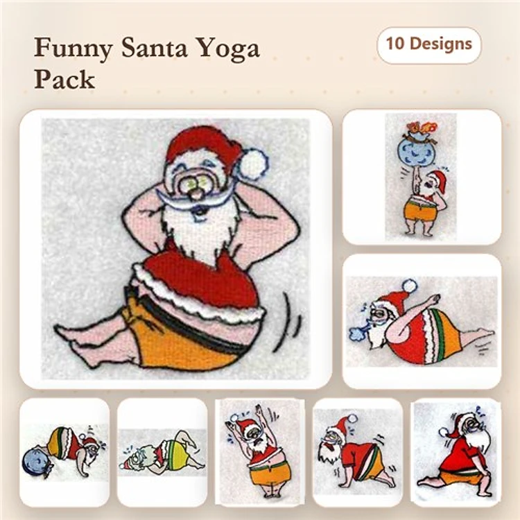 Funny Santa Yoga Embroidery Designs Bundle – Santa Doing Yoga Pose 1, Santa in Warrior Pose, & More (10 Designs)