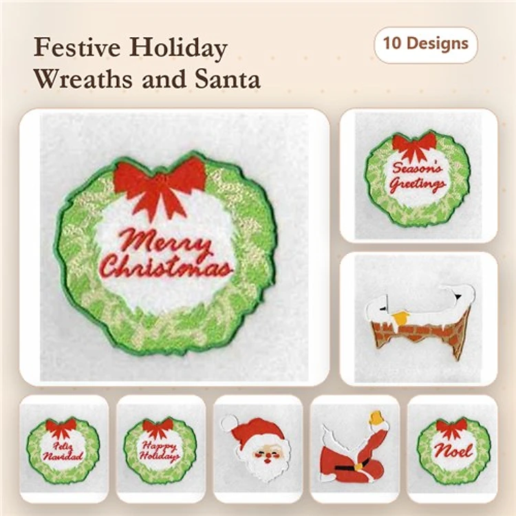 Holiday Wreaths & Santa Embroidery Bundle – Christmas Wreath with Bow, Santa Claus, Seasons Greetings & More (10 Designs)