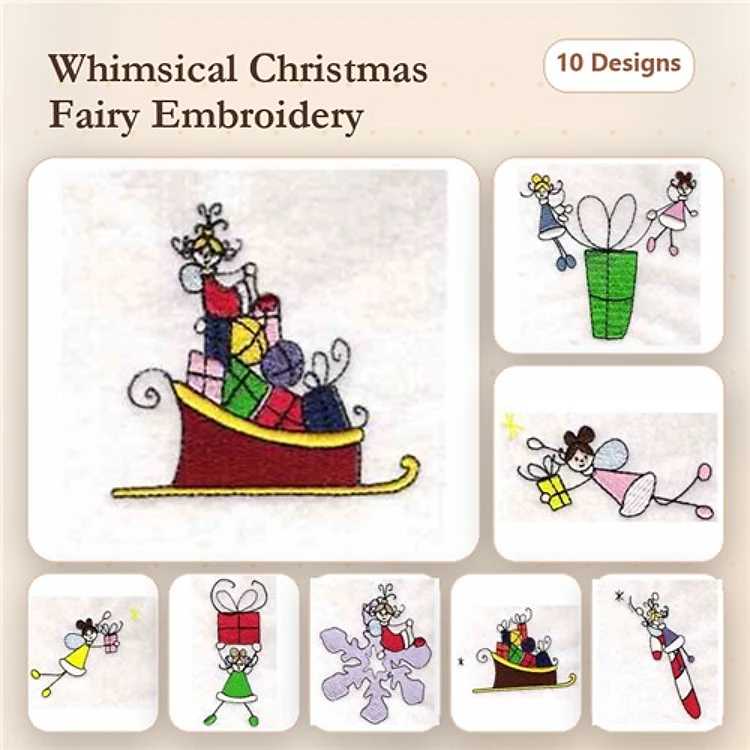 Redwork Christmas Fairies Embroidery Bundle – Fairy with Sleigh of Gifts, Fairy with Christmas Tree & More (10 Designs)