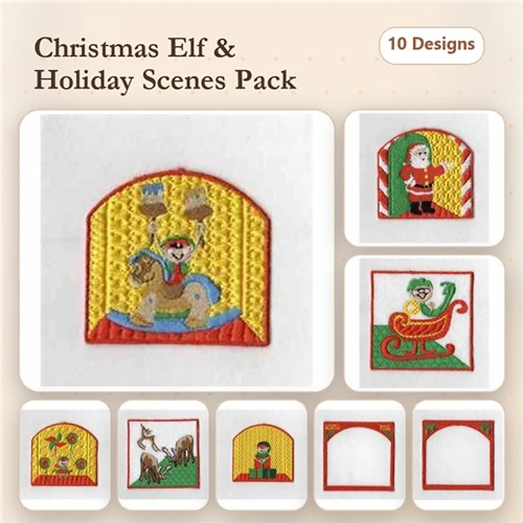 Christmas Elf & Holiday Scenes Embroidery Designs Bundle – Christmas Elf on Horse, Santa Claus, Christmas Sleigh & More (10 Designs)