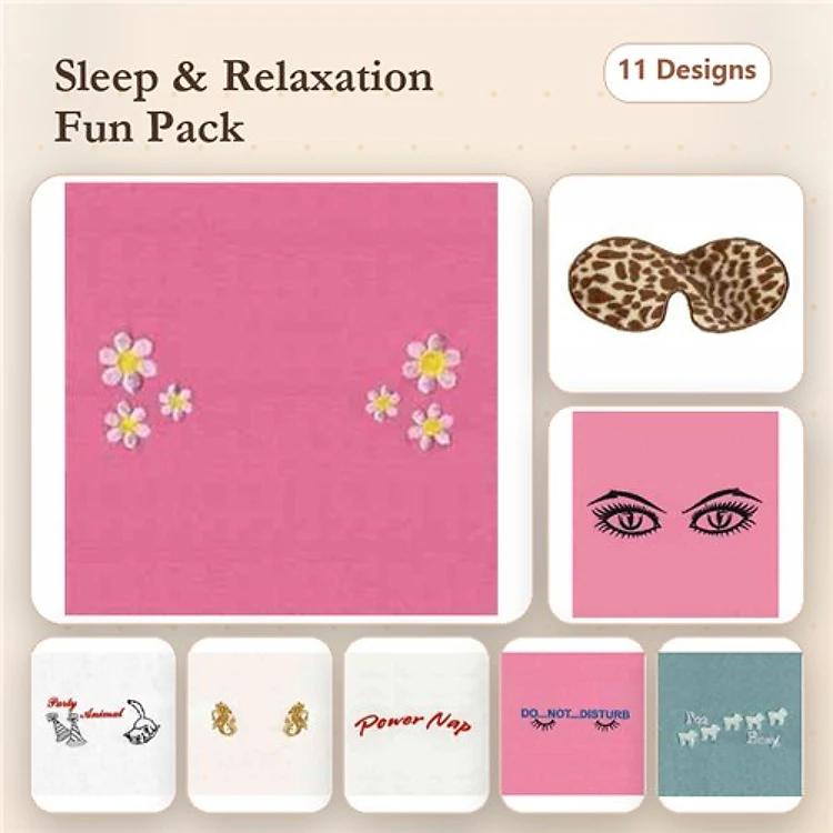 Sleep & Relaxation Embroidery Designs Bundle – Leopard Print Sleep Mask, Sweet Dreams, Resting Eyes & More (11 Designs)
