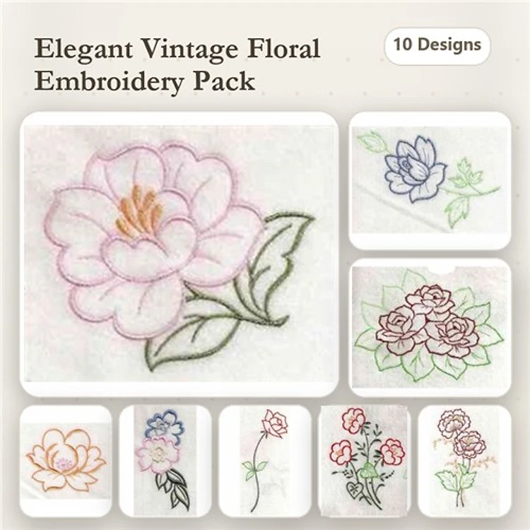 Redwork Vintage Floral Embroidery Designs Bundle – Vintage Floral Blossom, Purple Floral, Pink Lotus & More (10 Designs)