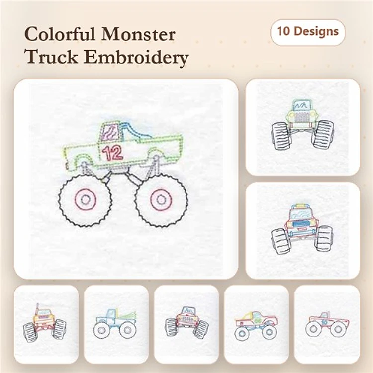 Colorful Monster Truck Embroidery Designs Bundle – Monster Truck with Number 12, Green Monster Truck, Blue Monster Truck & More (10 Designs)