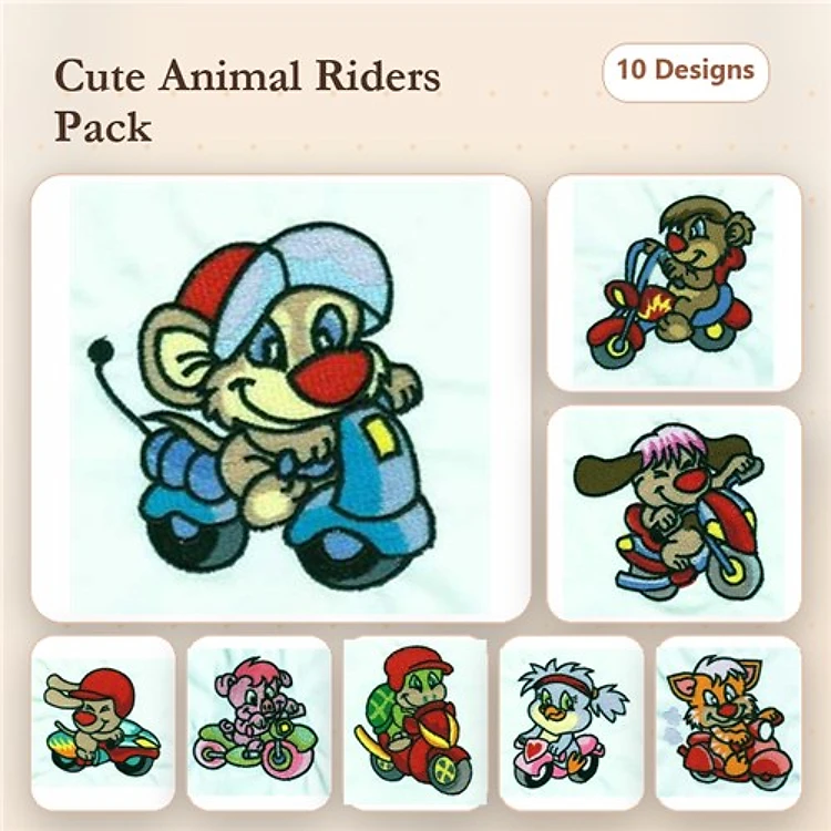 Mouse, Dog, Pig, and Bird Embroidery Bundle – Fun Characters (10 Designs)