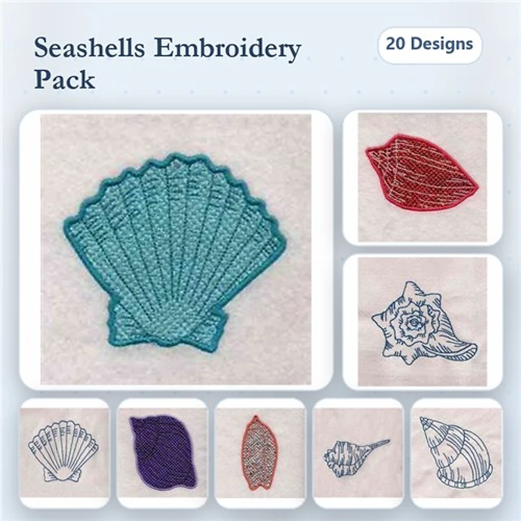 Redwork Seashell Embroidery Bundle – Scallop Shell, Conch Shell, Clam Shell & More (20 Designs)