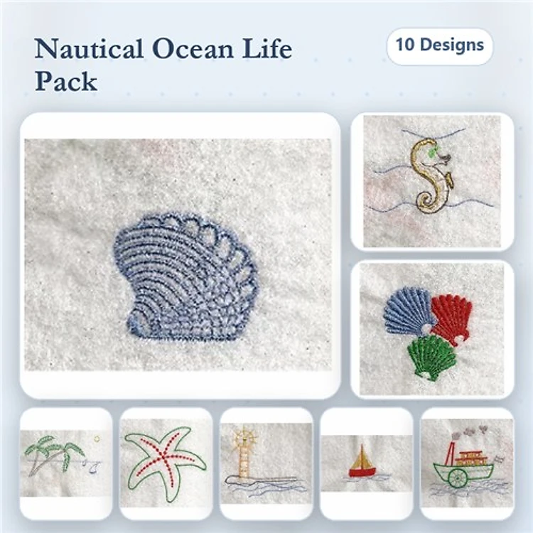 Nautical Ocean Life Embroidery Designs Bundle – Seashell, Seahorse, Sailboat & More (10 Designs)