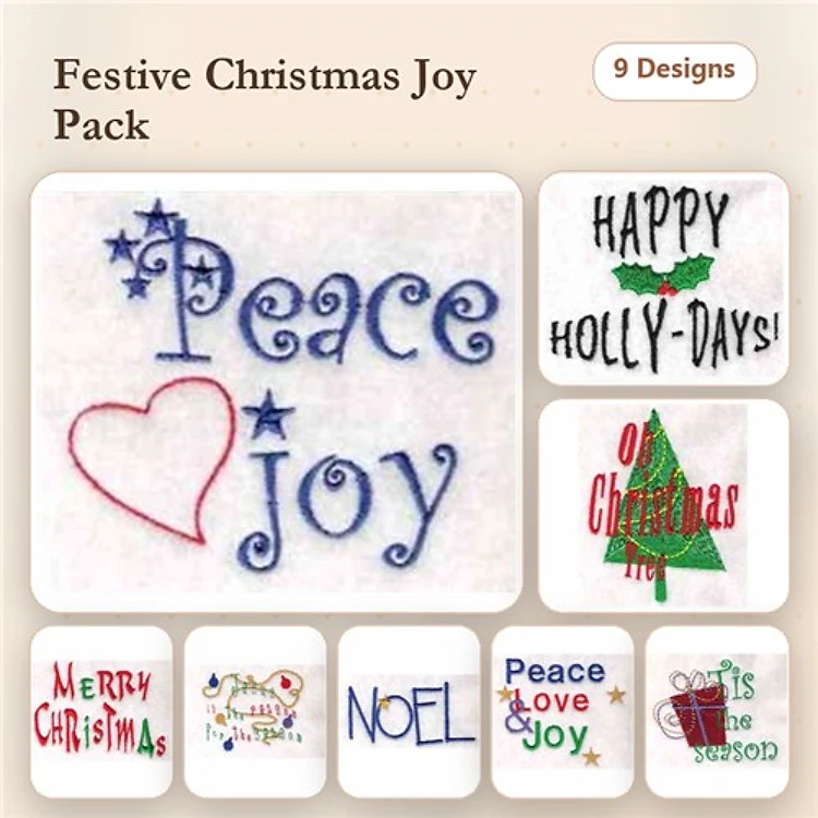 Christmas Cheer Embroidery Designs Bundle – Peace Heart, Joy Text, Merry Christmas & More (9 Designs)