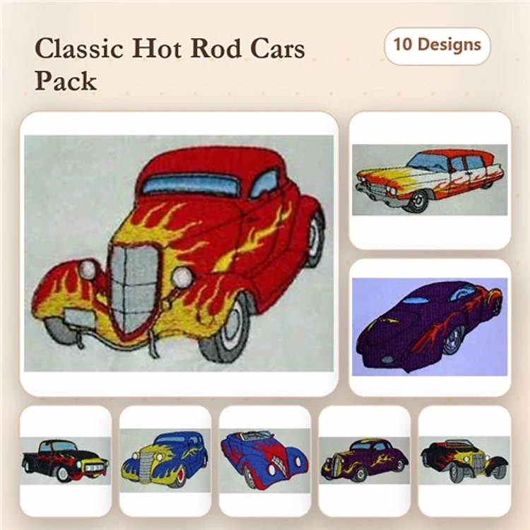 Classic Hot Rod Cars Embroidery Designs Bundle – Red Hot Rod with Flames, Purple Hot Rod, Yellow and Blue Hot Rod & More (10 Designs)
