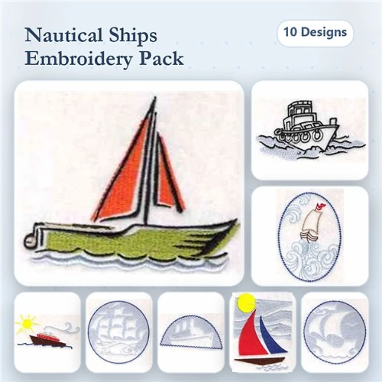 Nautical Ships Embroidery Designs Bundle – Sailboat with Red Sails, Tugboat, Fishing Boat & More (10 Designs)