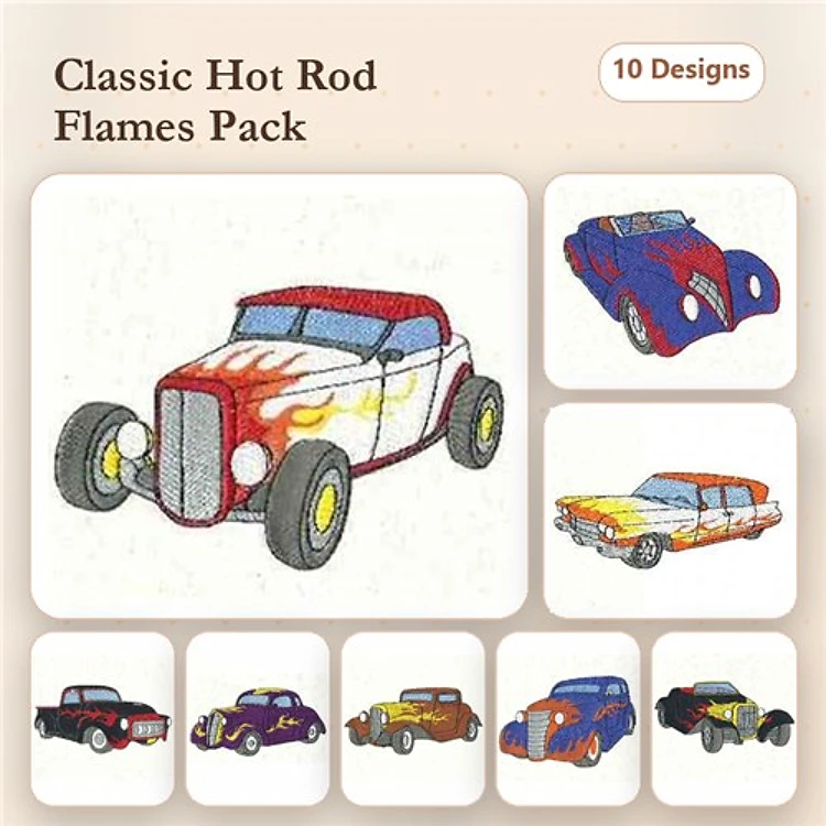 Classic Hot Rods with Flames Embroidery Bundle – Red Hot Rod, Blue Hot Rod with Flames, Yellow and Red Hot Rod & More (10 Designs)