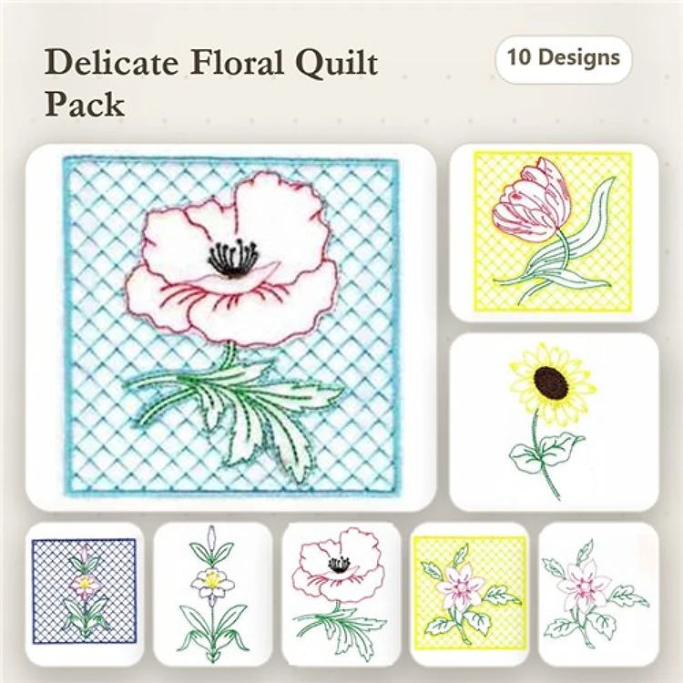 Redwork Delicate Floral Embroidery Bundle – Poppy Flower, Tulip Flower, Sunflower & More (10 Designs)