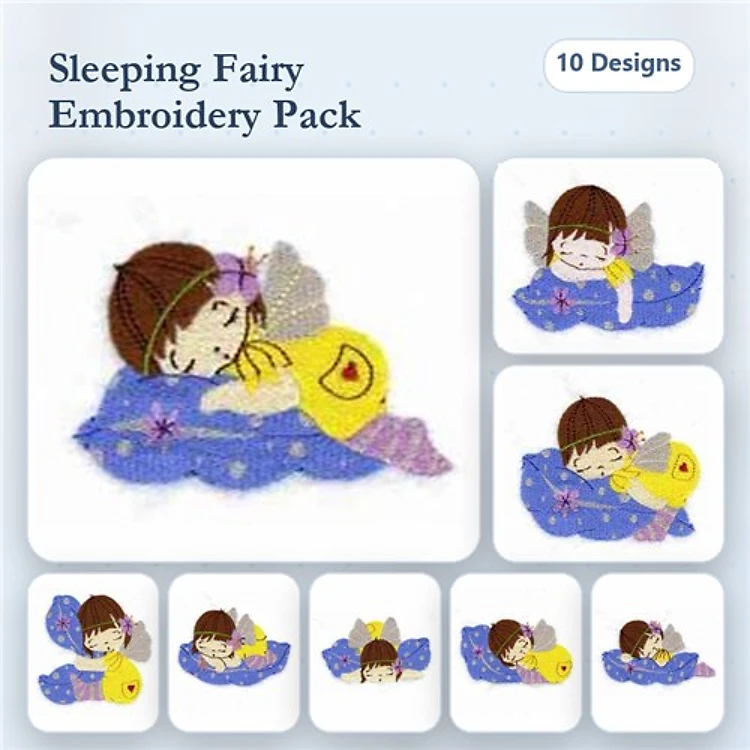 Sleeping Fairy Embroidery Bundle – Fairy with Duck, Fairy with Stars, Fairy on Pillow & More (10 Designs)