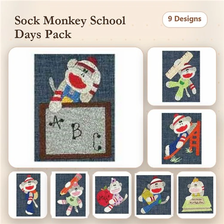 Sock Monkey School Embroidery Designs Bundle – Chalkboard, Ladder, Crayon & More (9 Designs)
