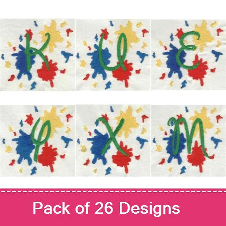 Colorful Letters with Splash Embroidery Designs Bundle – Letter K, U, E, G, Y, X, M & More (26 Designs)