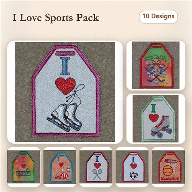 Sports-themed Embroidery Designs Bundle – Ice Skates, Football Tag, Baseball Tag & More (10 Designs)