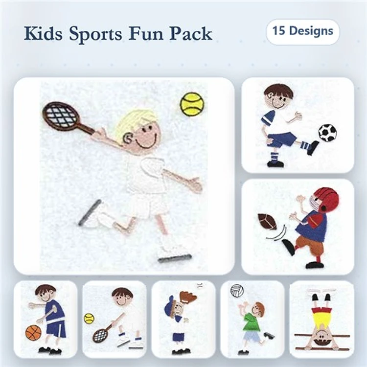 Kids Sports Embroidery Designs Bundle – Tennis Player, Soccer Player, Basketball Player & More (15 Designs)