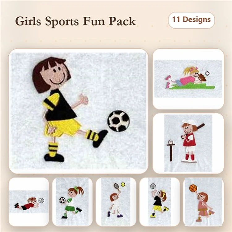 Applique Girls Sports Embroidery Bundle – Soccer Girl, Basketball Girl, Tennis Girl & More (11 Designs)