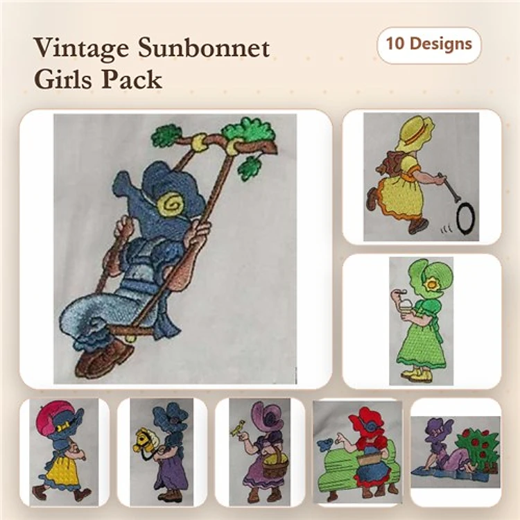 Sunbonnet Girls Embroidery Designs Bundle – Swinging, Flowers, Bucket & More (10 Designs)