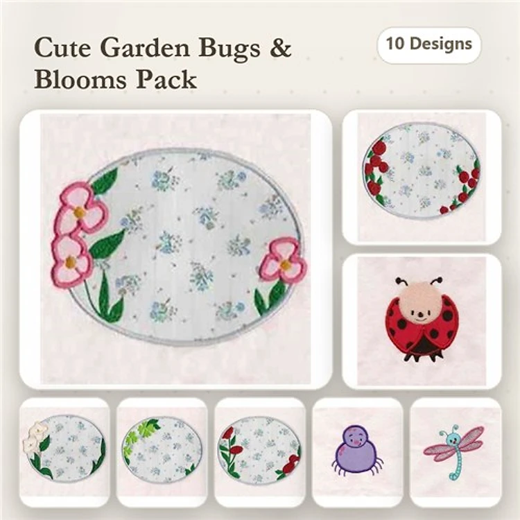 Applique Garden Bugs and Flowers Embroidery Bundle – Ladybug, Dragonfly, Spider, Flower Arrangement & More (10 Designs)