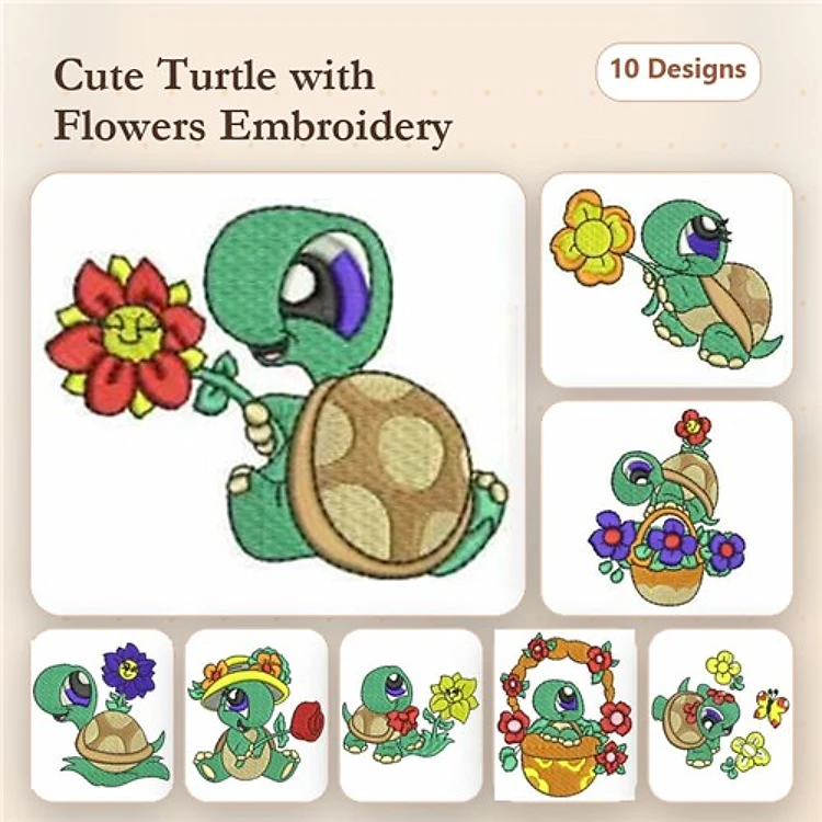 Cute Turtles Embroidery Bundle – Turtle with Flower, Turtle in Hat with Flower, Turtle Holding Flower & More (10 Designs)