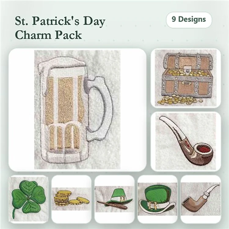 St. Patrick's Day Embroidery Designs Bundle – Beer Mug, Treasure Chest, Smoking Pipe & More (9 Designs)