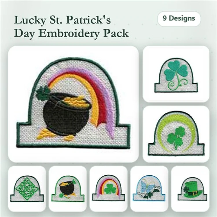 St. Patrick's Day Embroidery Designs Bundle – Pot of Gold with Rainbow, Shamrock, Clover Leaf & More (9 Designs)