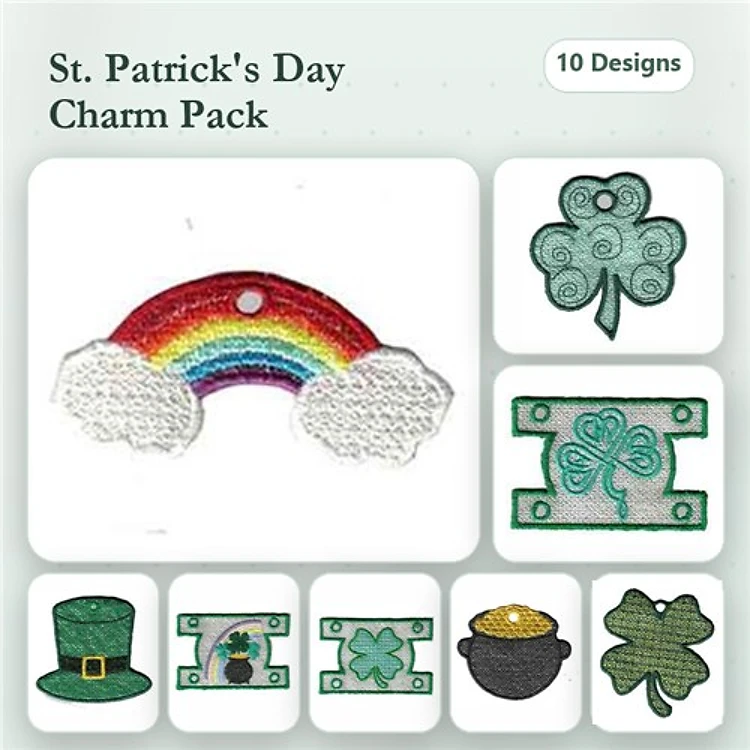 ITH St. Patrick's Day Charms Embroidery Designs Bundle – Rainbow, Shamrock, Top Hat & More (10 Designs)