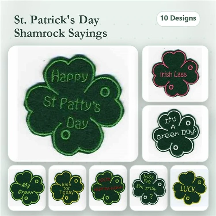 Shamrock Sayings Embroidery Designs Bundle – Happy St Patty's Day, Irish Lass, Kiss You & More (10 Designs)