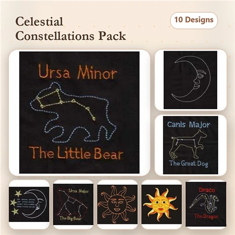 Ursa Major, Orion & Sun Embroidery Bundle – Celestial Designs (10 Designs)