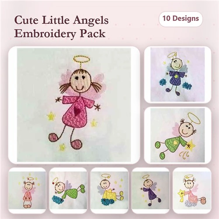 Cute Little Angels Embroidery Designs Bundle – Angel with Pink Dress, Angel Dancing, Angel with Stars & More (10 Designs)