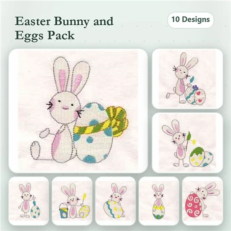 Easter Bunny and Eggs Embroidery Designs Bundle – Bunny with Basket, Bunny holding Egg, Colorful Egg & More (10 Designs)