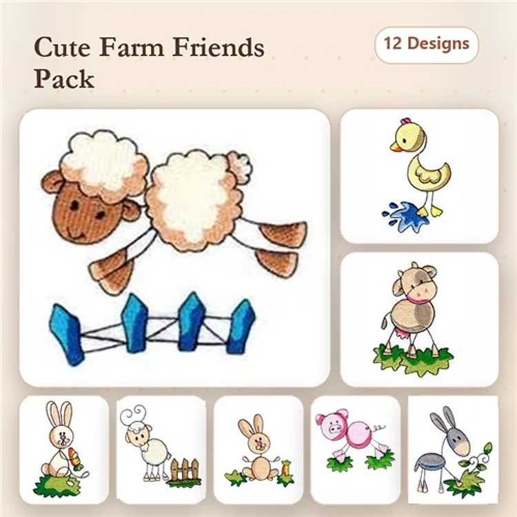 Farm Animal Embroidery Bundle – Sheep, Duck, Cow, Rabbit & More (12 Designs)