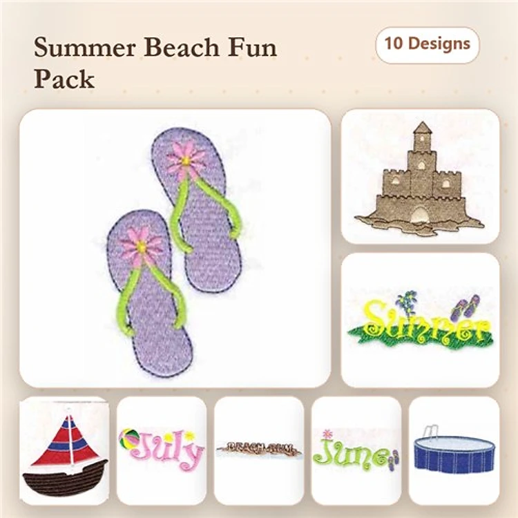 Summer Beach Activities Embroidery Designs Bundle – Flip Flops, Sand Castle, Boat & More (10 Designs)