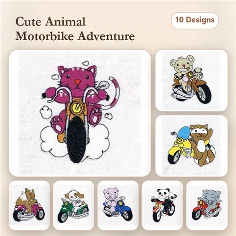 Animal Motorcycle Embroidery Bundle – Fun Designs (6 Designs)