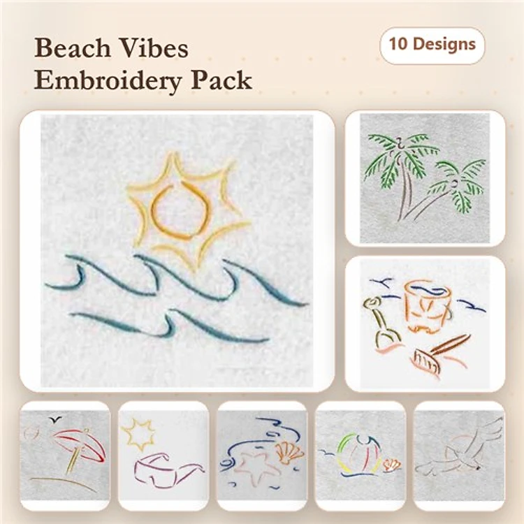 Redwork Beach Embroidery Designs Bundle – Sun, Palm Tree, Beach Umbrella, & More (10 Designs)